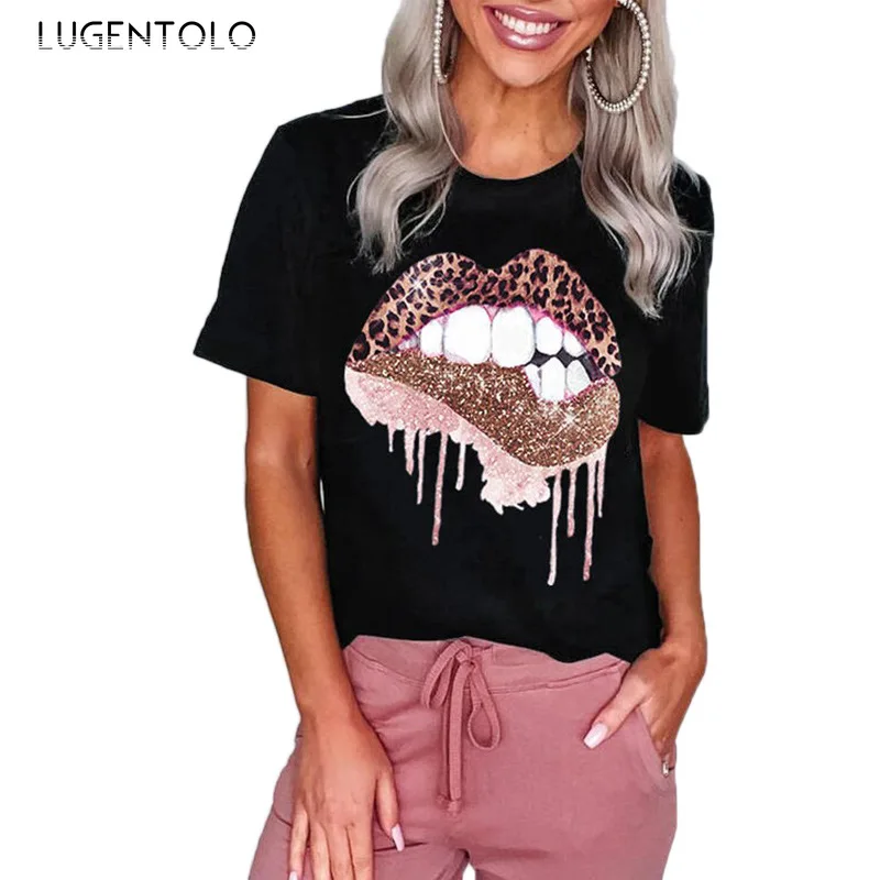 

Women Summer T-shirt Leopard Print Lips Casual Top Diamond O-neck Loose Short Sleeve Fun Tee Fashion Simple T-shirts Lugentolo