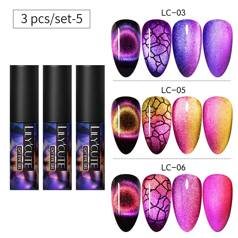3PCS 5 LILYCUTE 9D кошачий глаз УФ-гель замачиваемый лак для ногтей для УФ-и светодиодной лампы Магнит Лазерный Сияющий Красочный лак для ногтей лак все для маникюра - Цвет: 3PCS 5