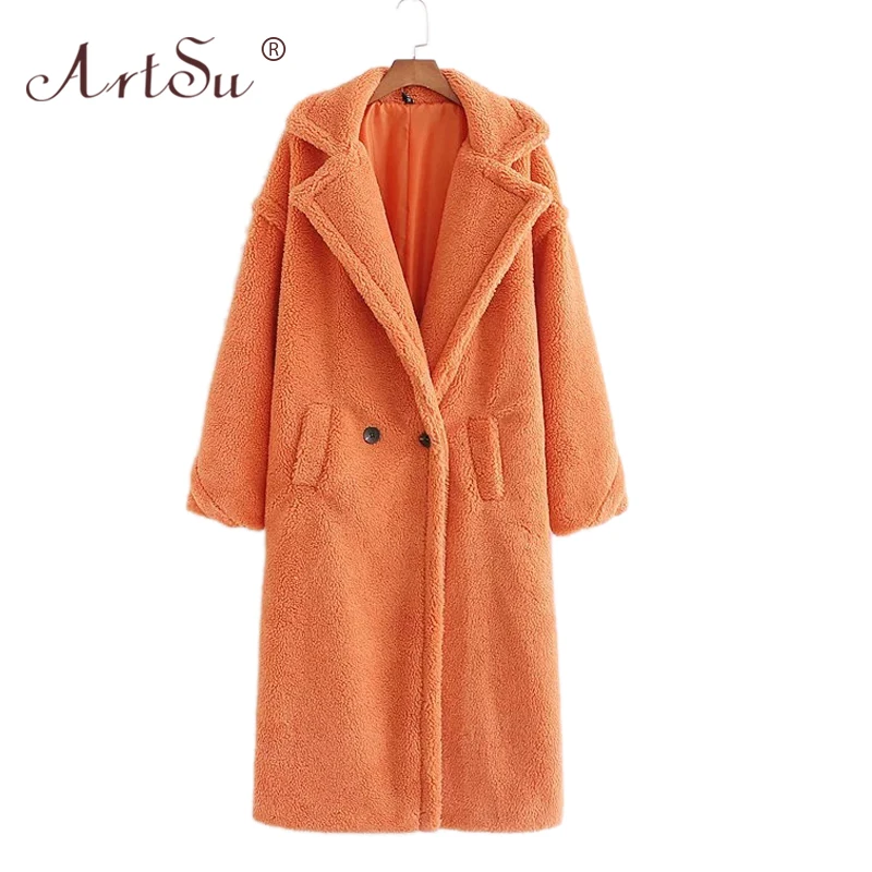 ArtSu 12 Color Fashion Women Winter Teddy Bear Coat Warm Long Sleeve Loose Lambswool Long Coat Christmas Faux Fur Teddy Coat