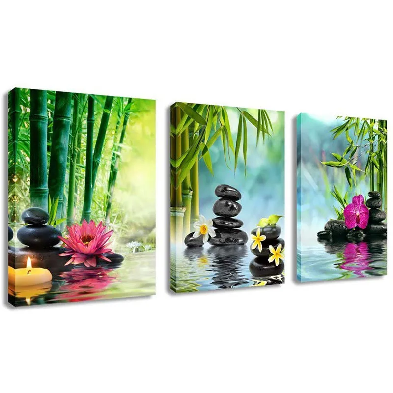 SPA Stone Green Bamboo Pink Waterlily and Frangipani Настенная картина 3 панели Холст Картина для дома в