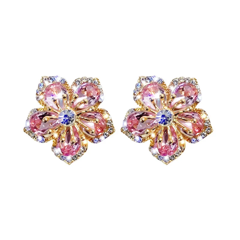 

New Pink Petal Natural Zircon Earrings Ladies Fashion Trendy Jewelry Exquisite Flowers French Ear Accessories