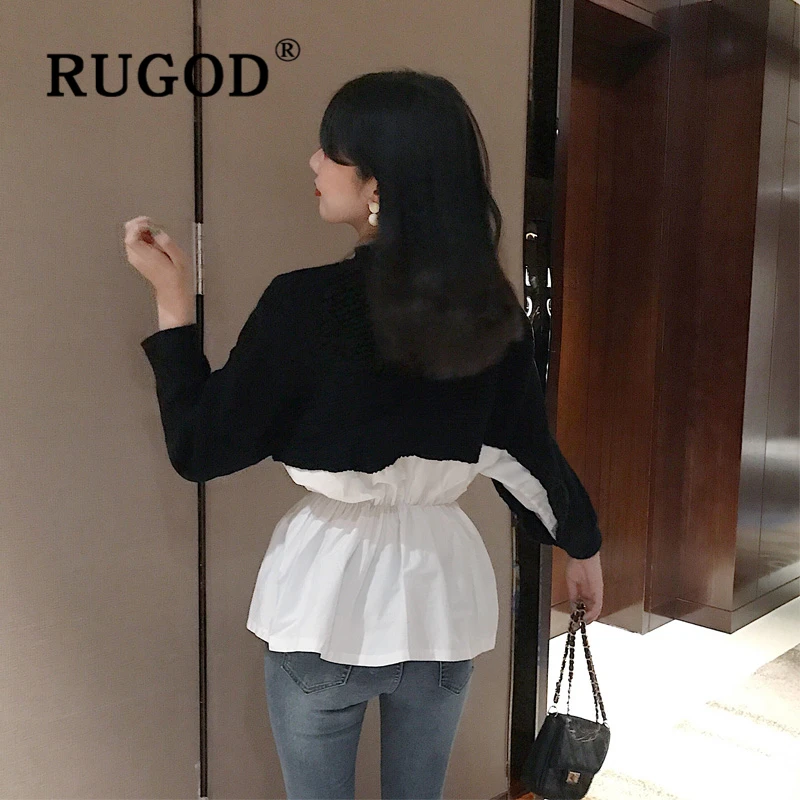 RUGOD Elegant patchwork knitted women sweater Fashion round neck batwing sleeve college tops Auturm casual ruffles lady clothes | Женская