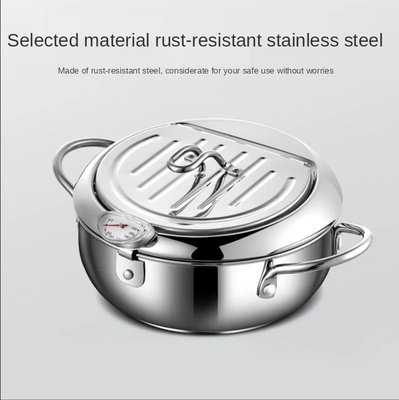 

Fryer with thermometer and lid 304 stainless steel kitchen tempura frying pan 20cm/24cm