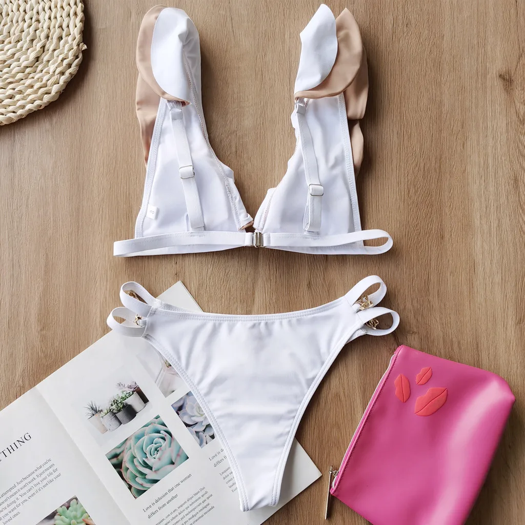 

Two-Pieces Women 2021 Push-Up Padded Bra Ruffles Bandage Bikini Set Swimsuit Swimwear Bathing Suit Beachwear Solid Biquini 2021