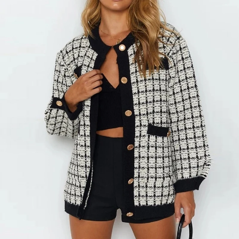 

Женский вязаный кардиган в клетку, Свободный длинный кардиган оверсайз с V-образным вырезом, Осень-зима