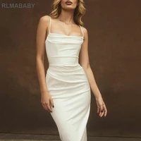 summer women knee length spaghetti strap dress slim off shoulder backless ruched bodycon dress elegant party sexy white dress