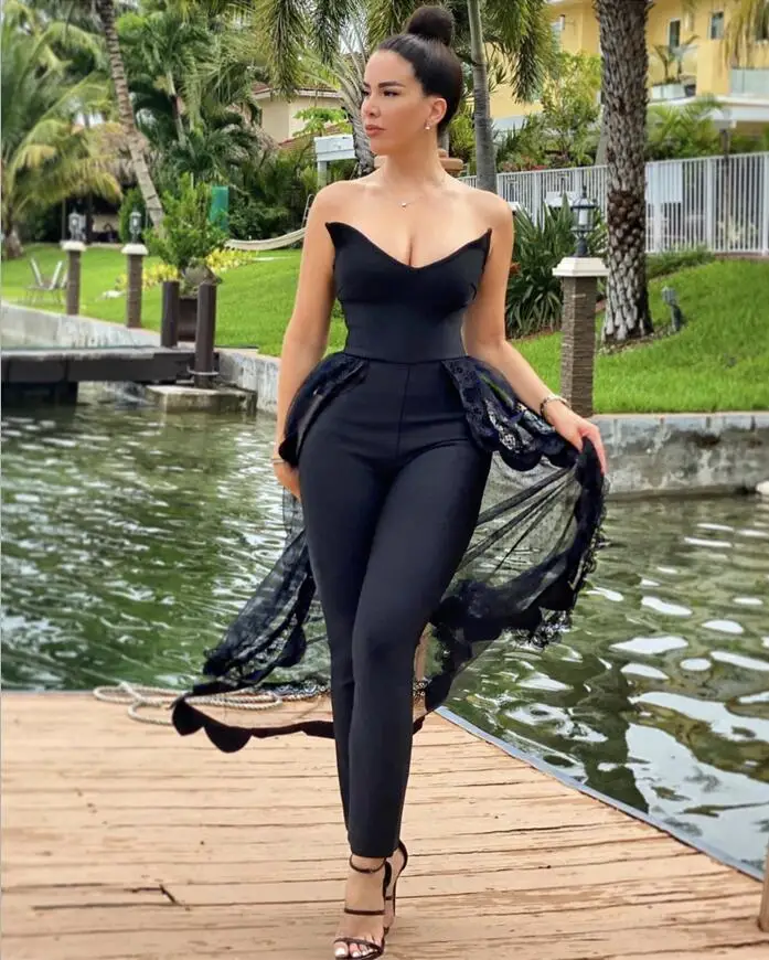 Женский Облегающий комбинезон без бретелек черный обтягивающий с открытой