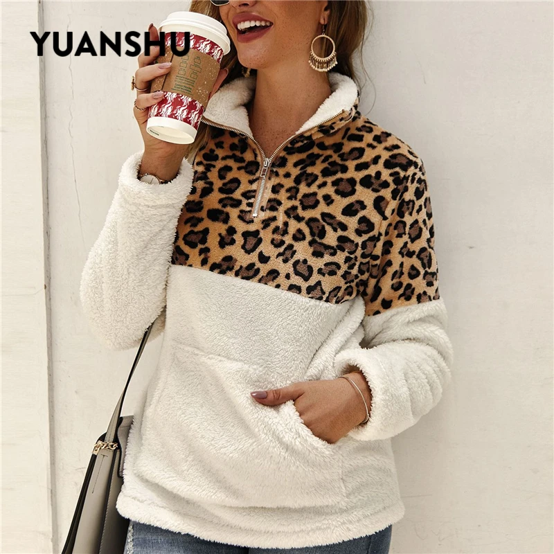 YUANSHU 2019 модный Леопардовый пушистый Свитшот женская зимняя флисовая толстовка на