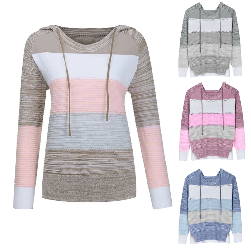 

Women Autumn Hollow Out Knitted Hoodies Sweater Long Sleeve Crew Neck Loose Drawstring Sweatshirt Color Block Striped Pullover