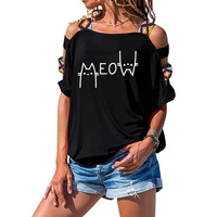 cute t shirt women print meow cat o neck casual tshirt fashion shirt short sleeve unisex t shirt out shoulder tee