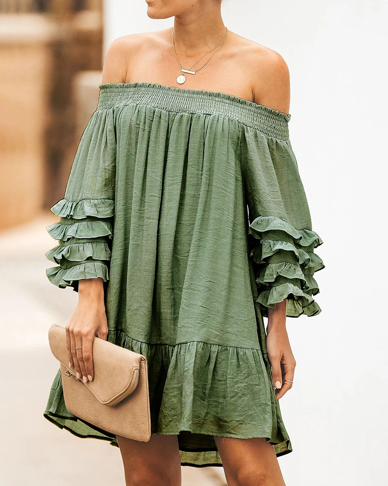 

Women Fashion Casual Loose Fit Ruffled Sleeve Mini Dress Solid Sexy Off Shoulder Long Sleeve Frill Hem oversize Dress