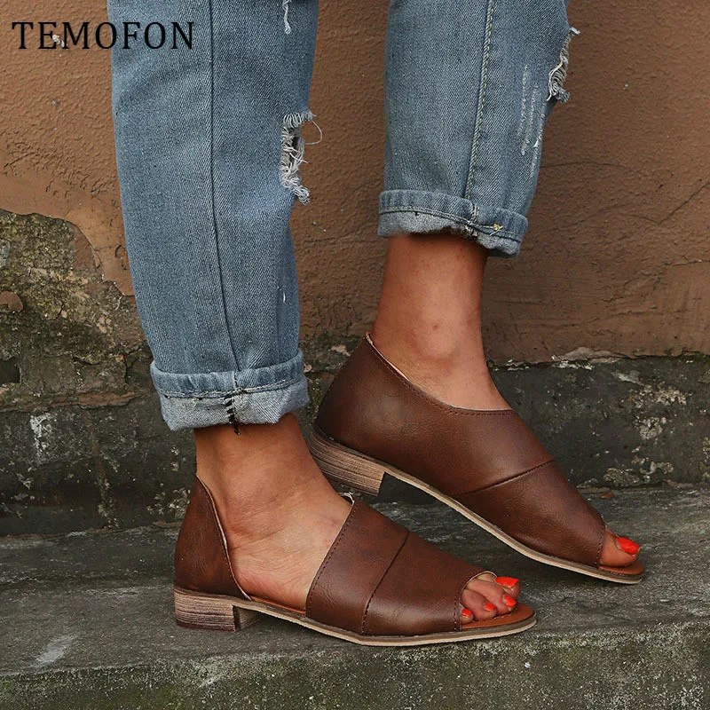 TEMOFON/женские летние босоножки Женская обувь на низком каблуке Леопардовые