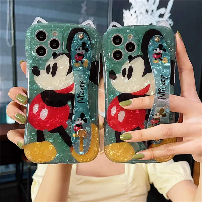 

DISNEY Cartoon Mickey Wristband Phone Case for iPhone 12 11 Pro Max 7 8 Plus XR X Huawei Models Case P50 P40 P30 Cover Shells