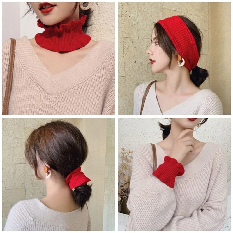 

Women Girls Winter High Neck Warmer Ribbed Knit Ruffles Trim Solid Color Choker Circle Loop Decorative Fake Collar