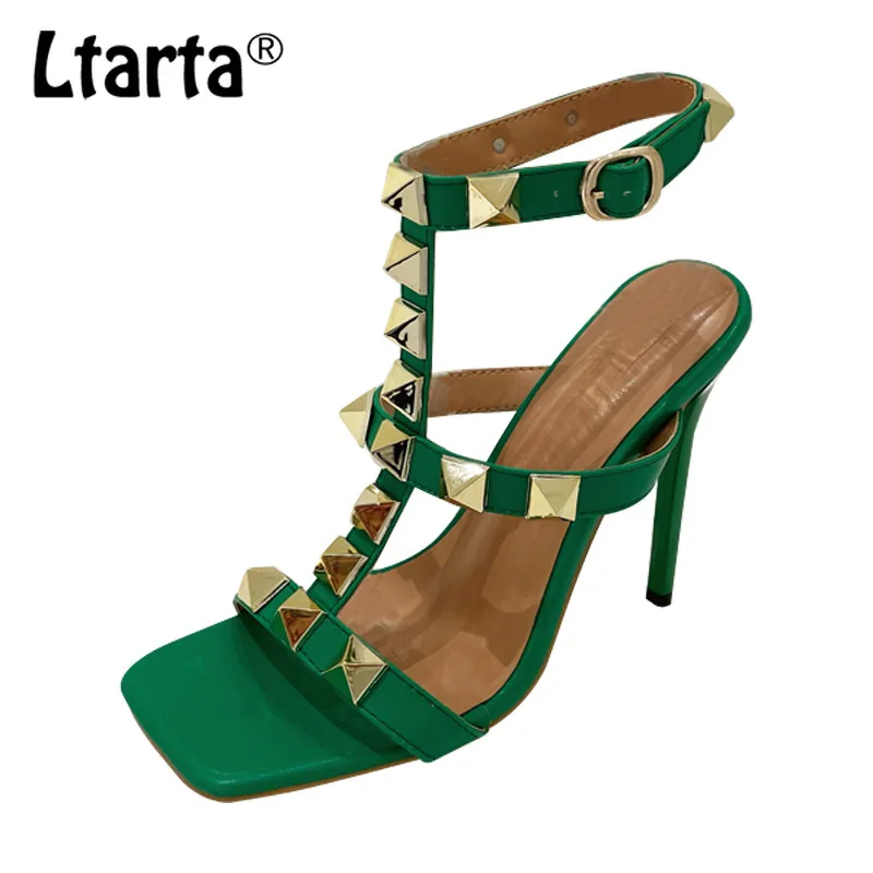 

LTARTA Summer Fashion Women's Shoes Rivet One Word With Shallow Temperament Sandals Stiletto Banquet Women's Heel Sandals CWF