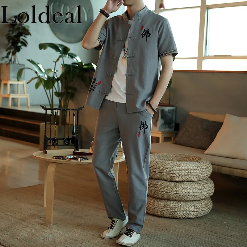 

Loldeal Men Short Sleeve Shirt + Long Pants Chinese Style Cotton and Linen Embroidery Stand Collar Hanfu Set