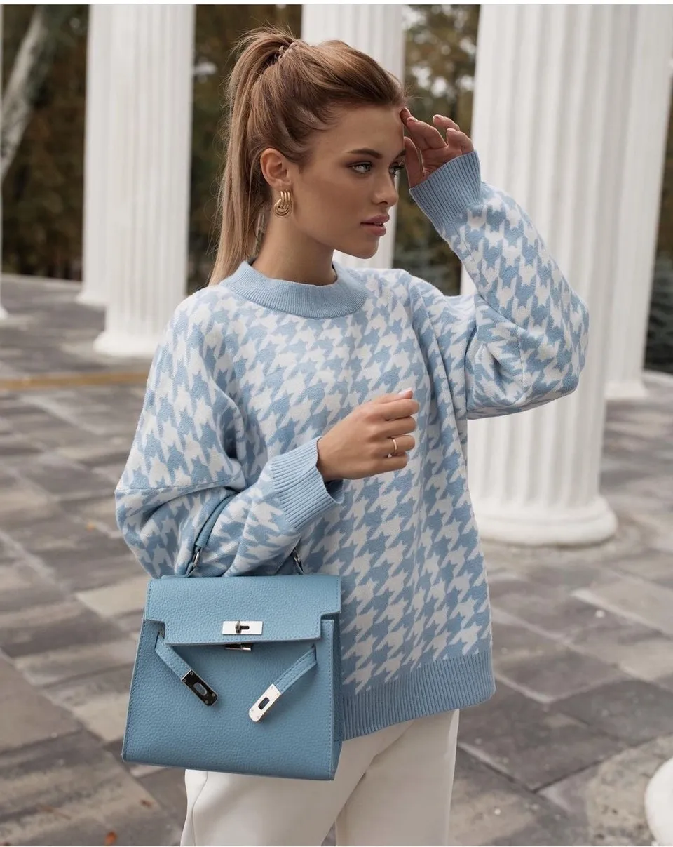 

Hot Style Women Geometric Khaki Knitted Sweater Women Casual Houndstooth Lady Pullover Sweater Female Autumn Winter Retro Jumper
