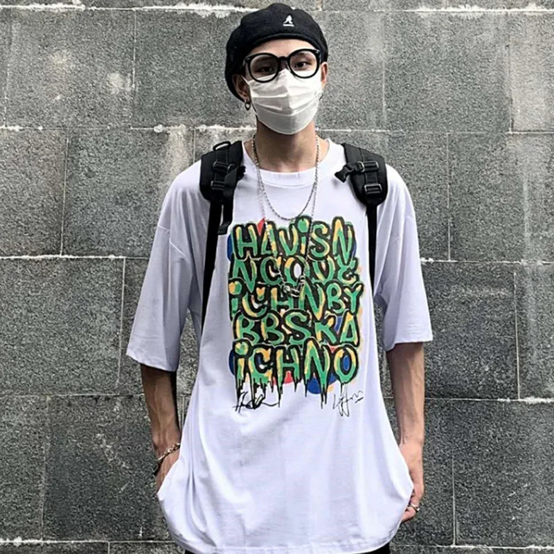 

Aolamegs Oversized T-shirt Hip Hop Graffiti Letter Men's T-Shirts Fashion High Street Streetwear All-match Tee Shirts Men Summer