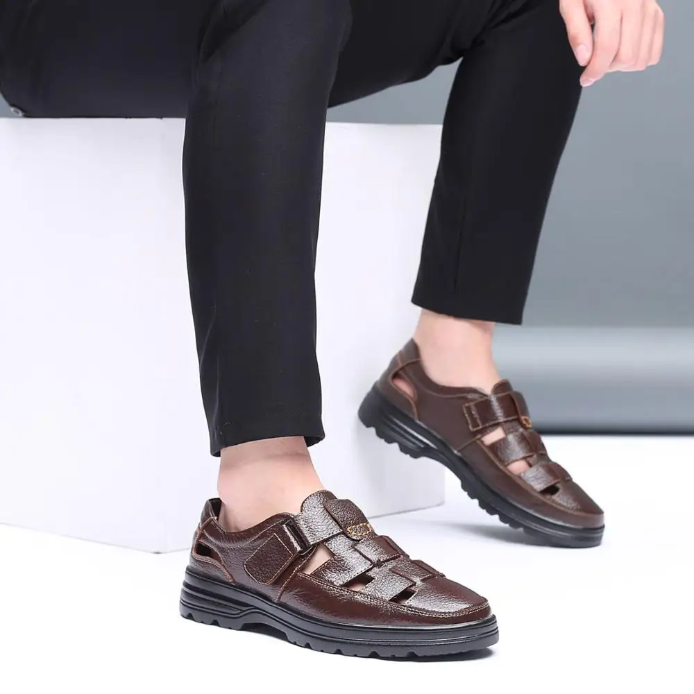

Good Men Sandals For Father Made Of Cow Leather Black Brown Hard-wearing Male Summer Shoes Breathable Big Size Men Shoes 38-48