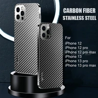 luxury carbon fiber stainless steel metal bumper case for iphone 12 13 pro max shockproof cover with tempered glass protector