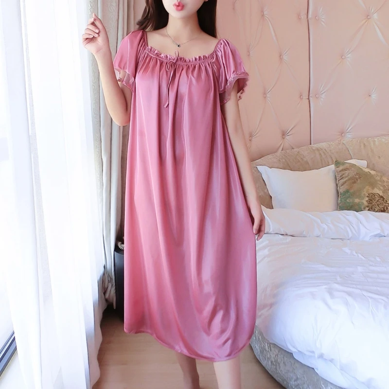 

Womens Summer Lace Ice Silk Nightdress Short Sleeve Loose Plus Size Nightgown XL 23GE