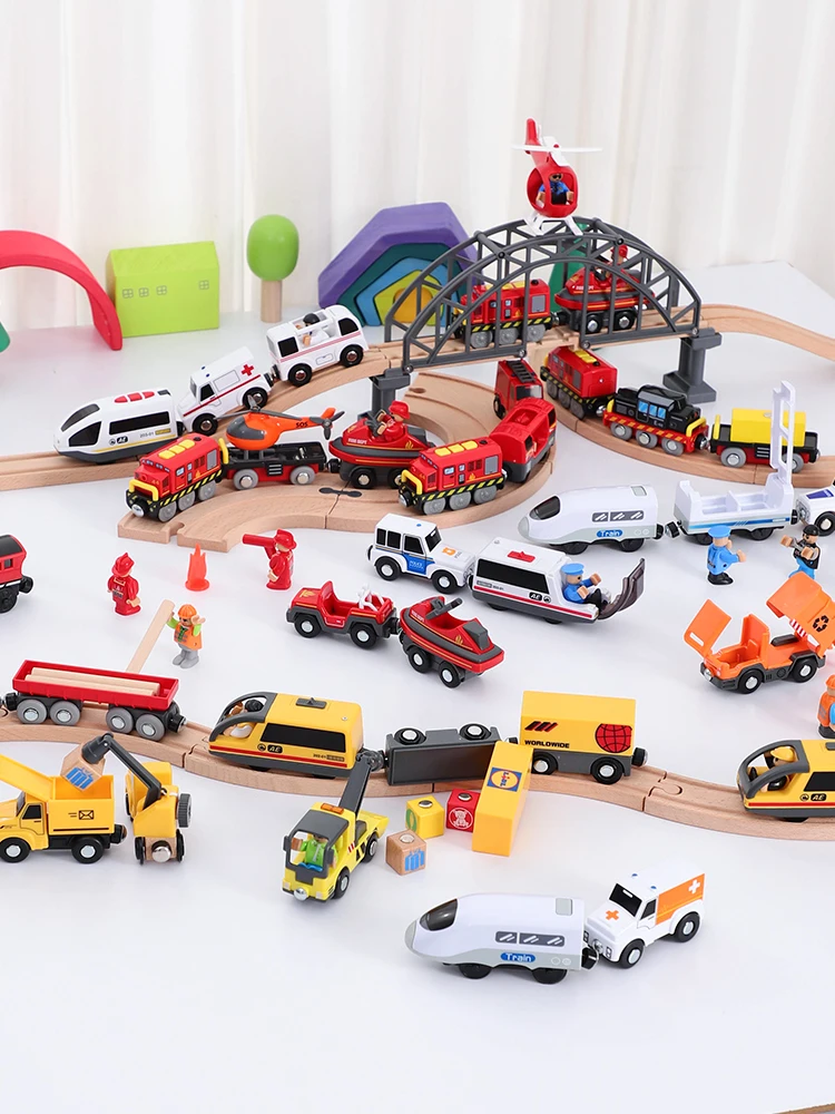 

Electric Train Set Toys Connected with Wooden Tracks Wood Car Rail Toys Set Slot Car Wooden Railway Track Kids Birthday Gifts