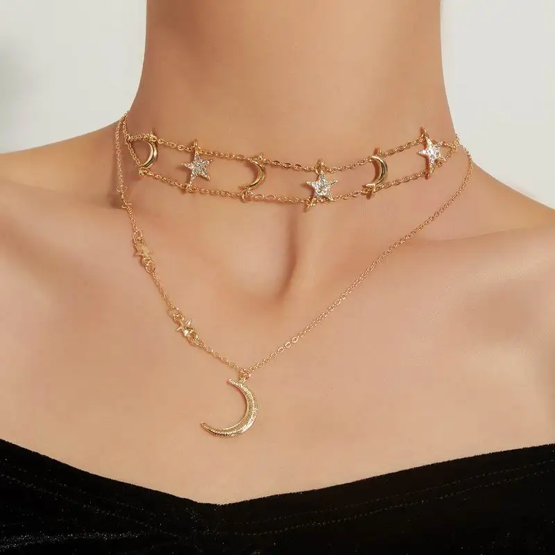 

Fashion Punk Charm Choker Necklace Gold Vintage Collar Pentagram Moon Tassel Chains Pendant Necklace for Women Boho Jewelry Gift