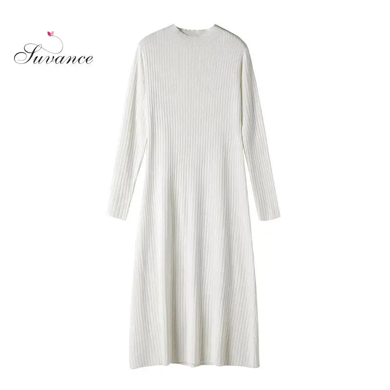 Осень-зима 2019 офисное женское платье с круглым вырезом 3 однотонных цвета вязаное