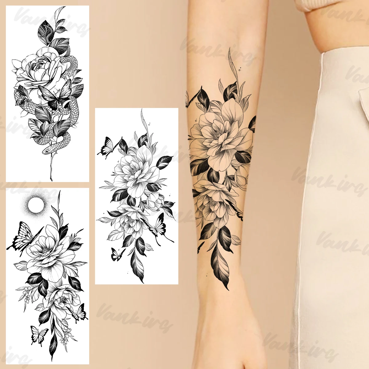 

Временные татуировки для женщин, Реалистичная татуировка черная бабочка, пион, змея, цветок, солнце, искусственная татуировка, наклейка, сек...