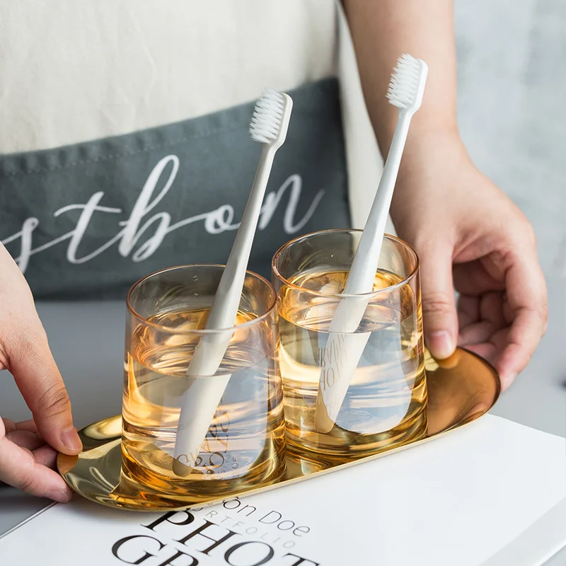 Simple Glass Bathroom Set-1-3pcs/Set-Metal Tray-Brushing Cup Set, Washing Cup, Couple Tooth Bowl Wooden Holder