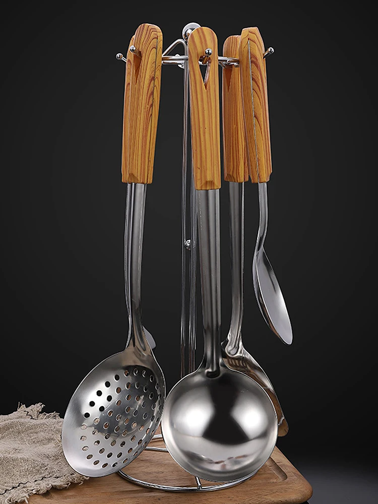 

Cooking Tool With Storage Rack Soup Spoon Spatula 6Pcs Stainless Steel Household Kitchenware