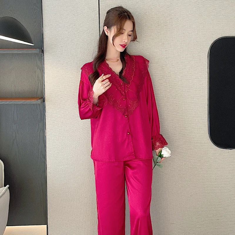 

Summer Lace Collar Nightwear Sexy Women Pajamas Femme Satin Home Clothes Button-Down Sleepwear Long Sleeve 2PCS Shirt&Pants Suit