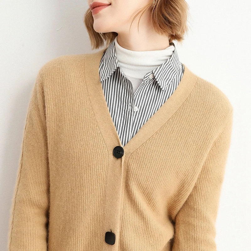

New Arrival 100% Pure Wool Sweater Women V-Neck Single Breasted Loose Cardigans Long Sleeve Solid Color Knitted Bottoming Shirt
