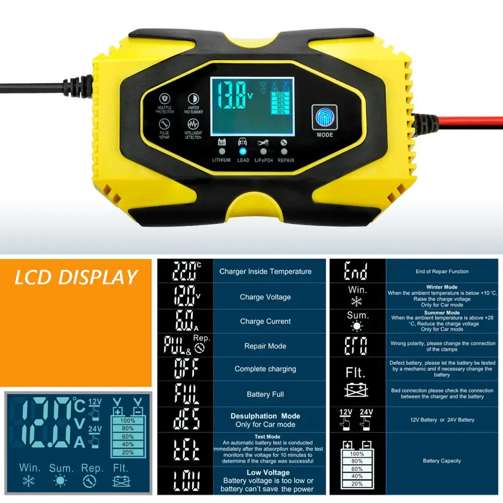 Automatic Car Battery Charger 12V/24V 6Amp/3Amp Power Pulse Funtional Repair Chargers Lead Acid Digital LCD Screen |