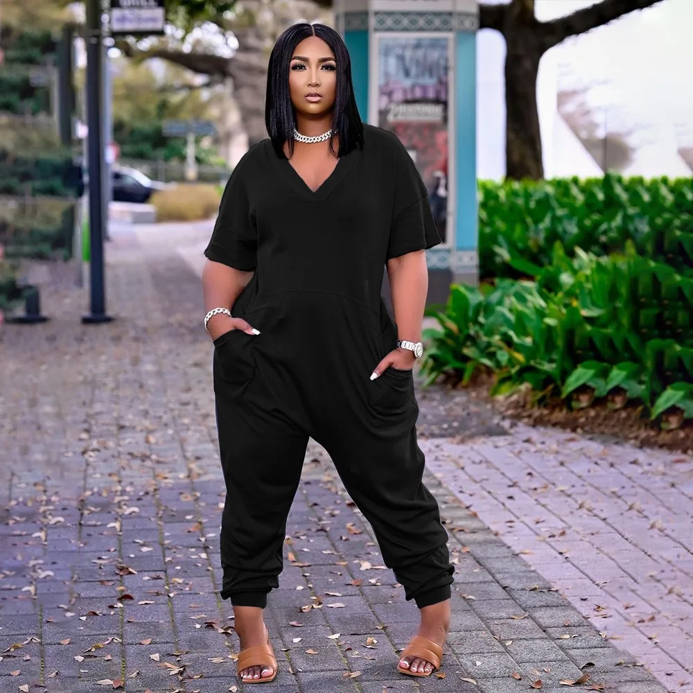 

5xl Summer Pure color fashion casual loose fat girl street wear women jumpsuit plus size short sleeve V neck 100KGS