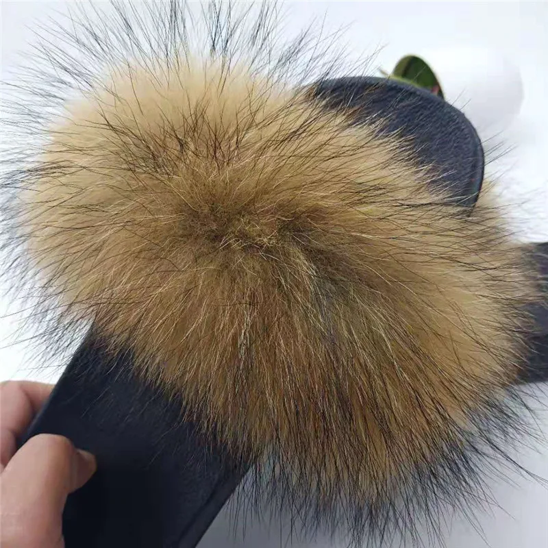 raccoon Color ; Шлепанцы из натурального Лисьего меха; женские/мужские пушистые сандалии; женские шлепанцы с мехом; женские шлепанцы из лисьего меха; большие размеры - Цвет: raccoon Color