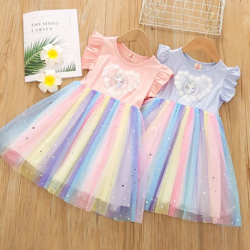

baby kids Girls cotton casual summer dress children's girls sweet fashion Rainbow little girls puffy mesh Princess dress P4 460