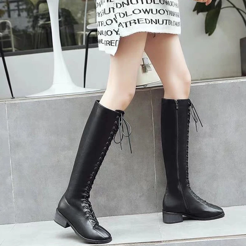 Lucyever/Осенние Сапоги до колена на шнуровке женские черные сапоги квадратном