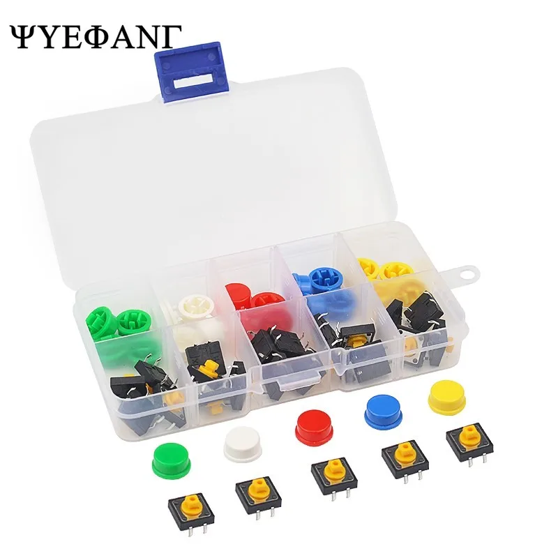 

25PCS Tactile Push Button Switch Momentary 12x12x7.3MM Micro switch button + 25PCS Tact Cap(5 colors) for Arduino Switch