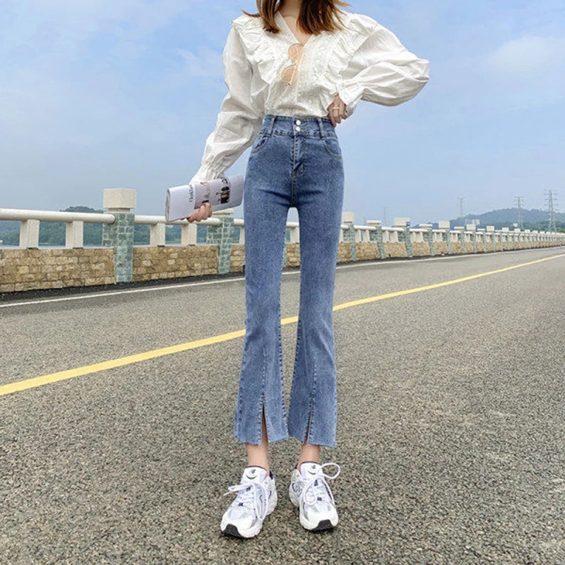 

Korean Fashion Casual Jeans For Women Apring Autumn New Loose Ladies Flare Pants Double Breasted Split Denim Trousers Female
