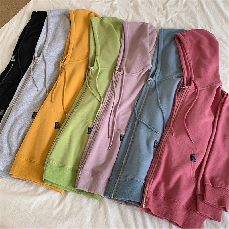 

Harajuku Hoodies Zip Up Loose Sweatshirt for Women Long Sleeve Hooded Coats Solid Color Vintage Female Tracksuit Jacket Hoodie