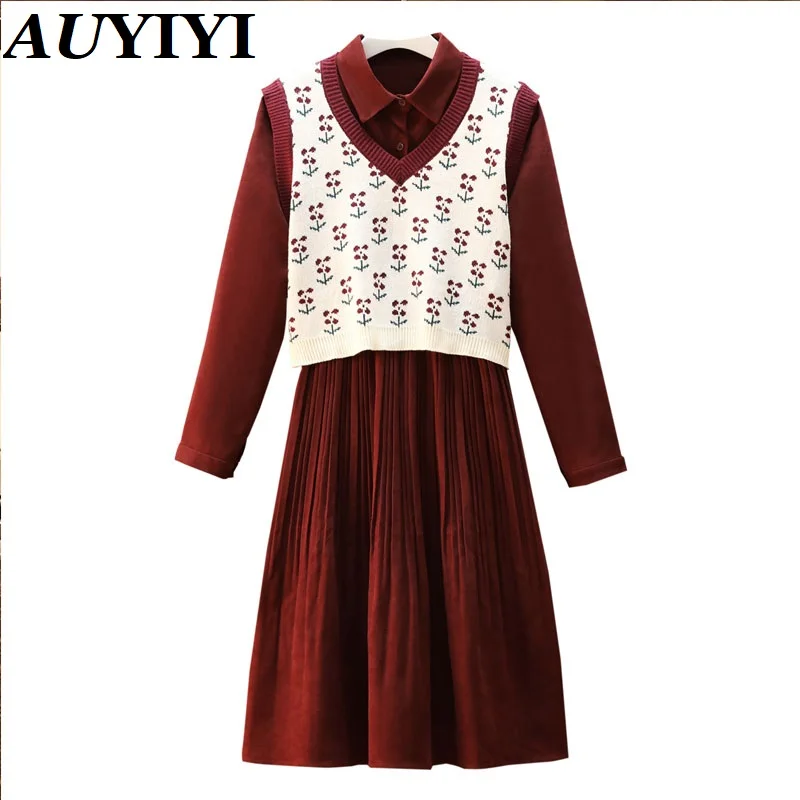 

AUYIYI 2021 Autumn Fashion And Elegant Plus Size Female Literary Retro Temperament Sweater Vest Slim Dress Suit