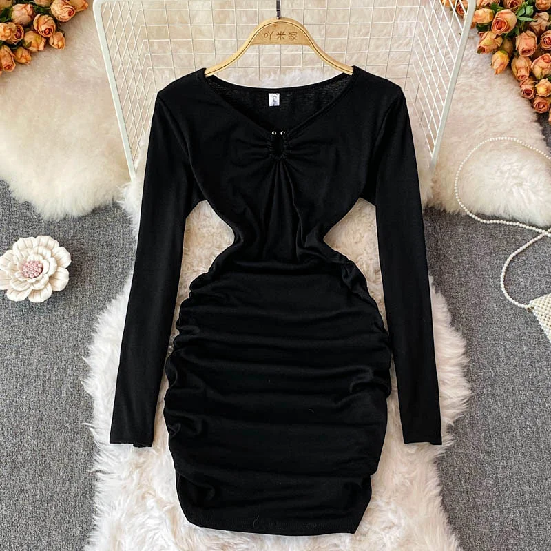 

Женское плиссированное платье-мини с рюшами, черное эластичное облегающее платье с V-образным вырезом и длинным рукавом, весна-осень 2022