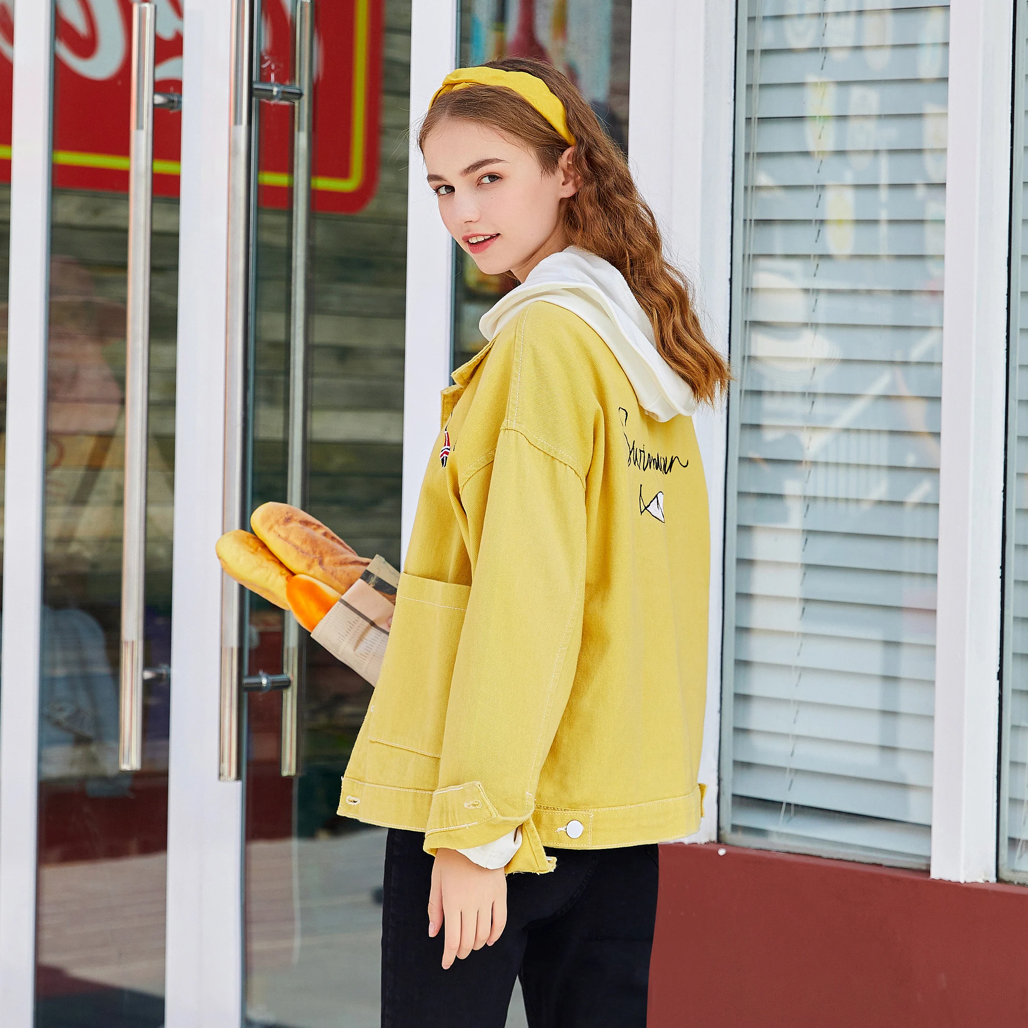 Однотонная джинсовая куртка с отложным воротником в стиле Харадзюку для женщин