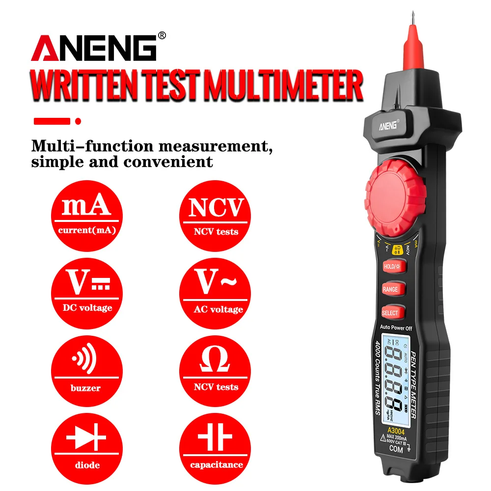 

ANENG A3004 Multimeter Pen Type Meter 4000 Counts Non Contact AC/DC Voltage Resistance Capacitance Diode Continuity Tester Tool