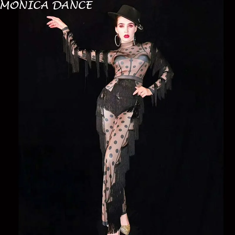 Sexy Stage Black Nude Dot Fringe Jumpsuit Women's Birthday Prom Big Leggings Outfit Bar Women Singer Dance Stage Jumpsuit