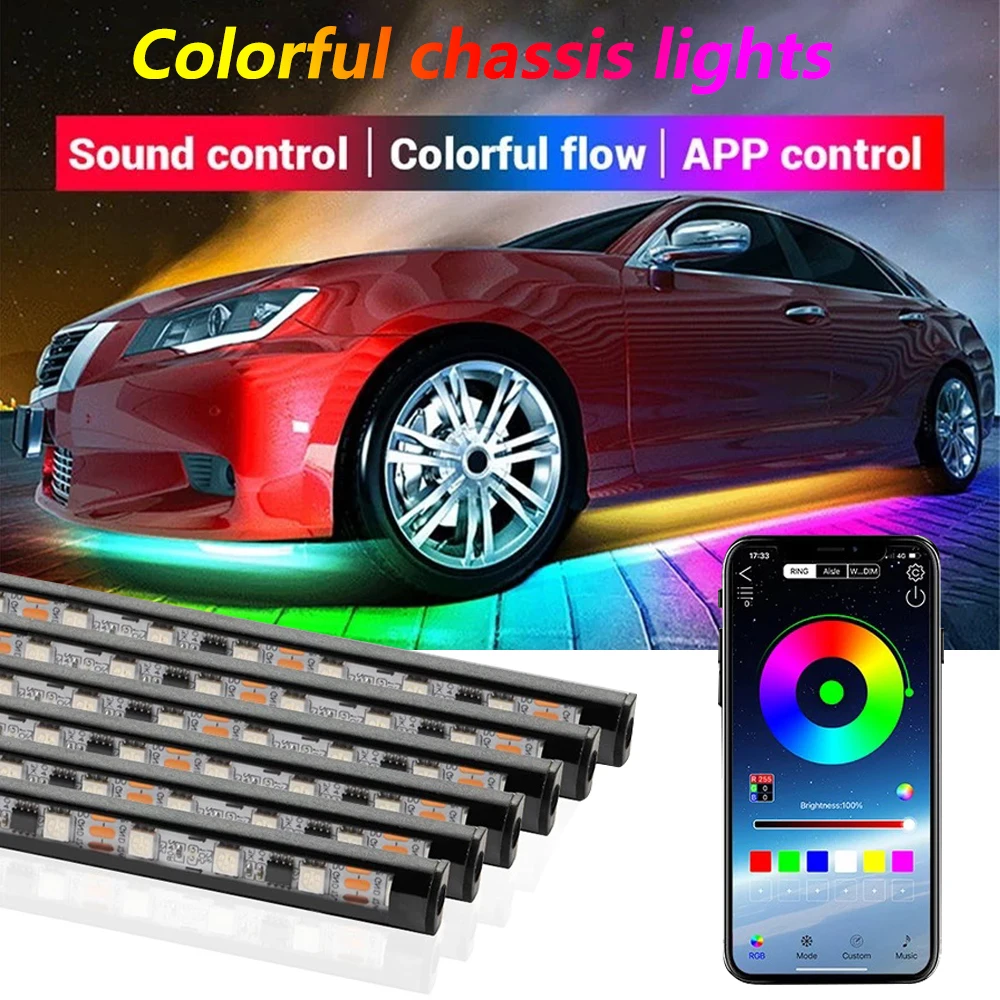 

4PCS 12V Car Underglow Lights Flowing Color RGB Under Glow Neon Light Strips APP Control LED Car Decorative Atmosphere Lamp Kits