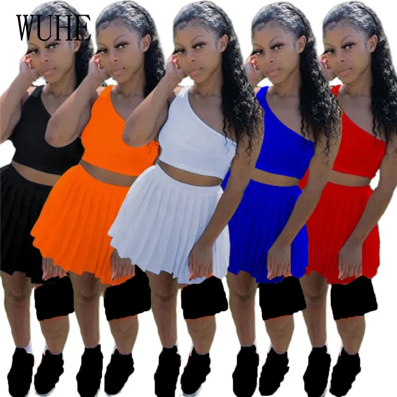 

Спортивный костюм WUHE, повседневный Топ без бретелек, со скошенным плечом и без рукавов, плиссированная мини-юбка, Клубные наряды