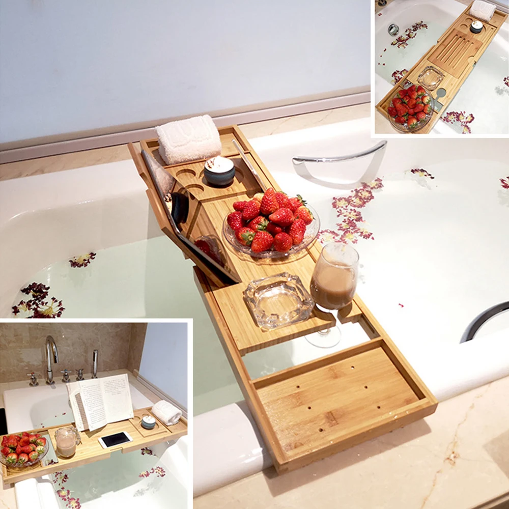 

Bathtub Caddy Tray Bamboo Spa Bathtub Caddy Organizer Tablets Holder Book WinesReading Rack Nonslip Bottom Extendable Sides
