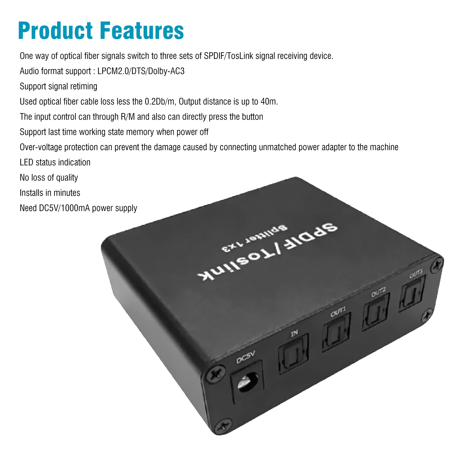SPDIF/Toslink переключатель сплиттер 1x 3 Поддержка LPCM2.0 / DTS Dolby-AC3 со светодиодной